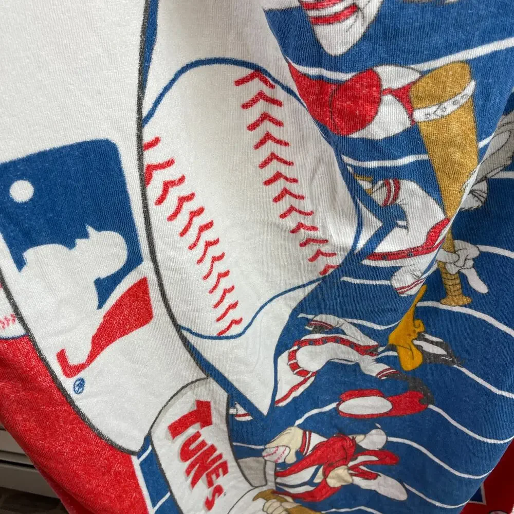 VINTAGE Looney Tunes MLB Blue Red White Baseball VTG Beach Towel